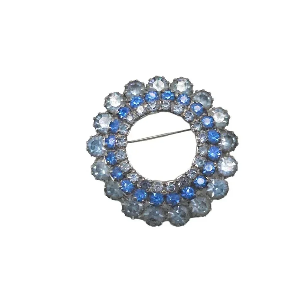 Blue Rhinestone Round Wreath Flower Brooch Pin Silver Tone Vintage